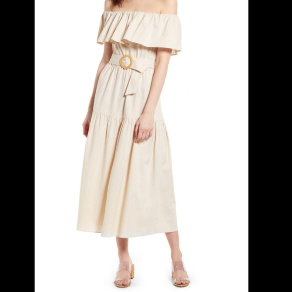 All in favor belted off shoulder midi dress beige S